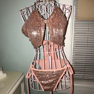 Pink sequin tie up swimsuit